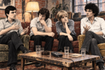 Caricature des quatre membres de Talking Heads assis dans un loft new-yorkais pendant une interview