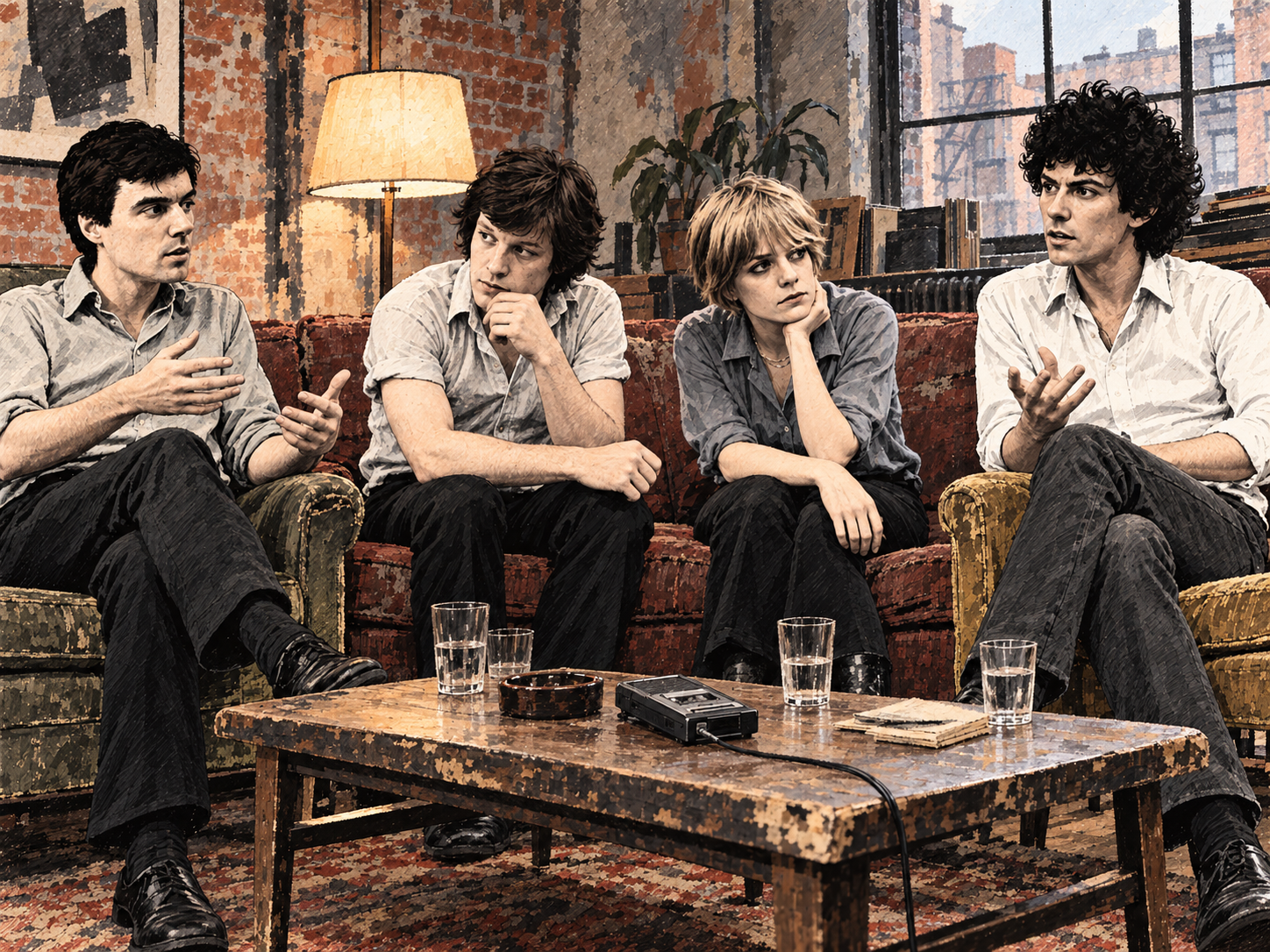 Caricature des quatre membres de Talking Heads assis dans un loft new-yorkais pendant une interview