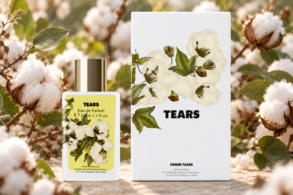 Flacon et boîte du parfum Tears de Denim Tears présentés côte à côte devant des branches chargées de coton blanc.