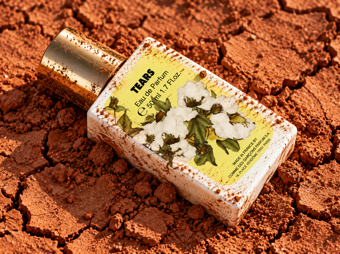 Flacon du parfum Tears couché sur une terre rouge craquelée, avec des traces de poussière sur le bouchon et l’étiquette.