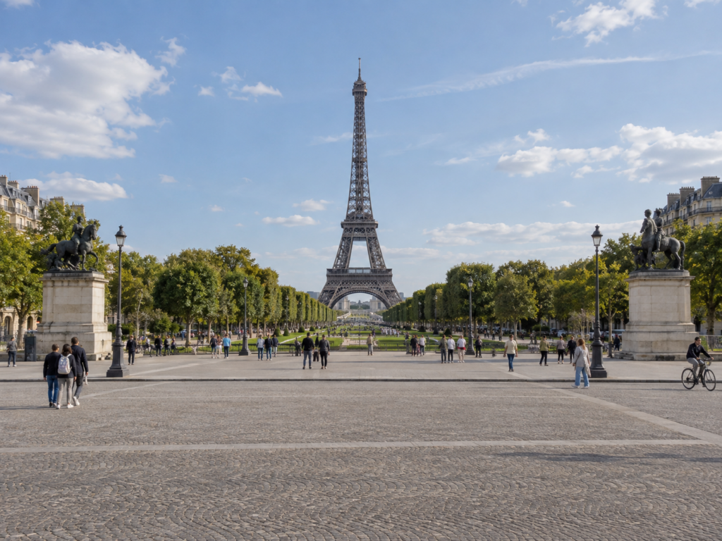 Vue illustrative de la place Joffre vers la tour Eiffel, sans installation de défilé
