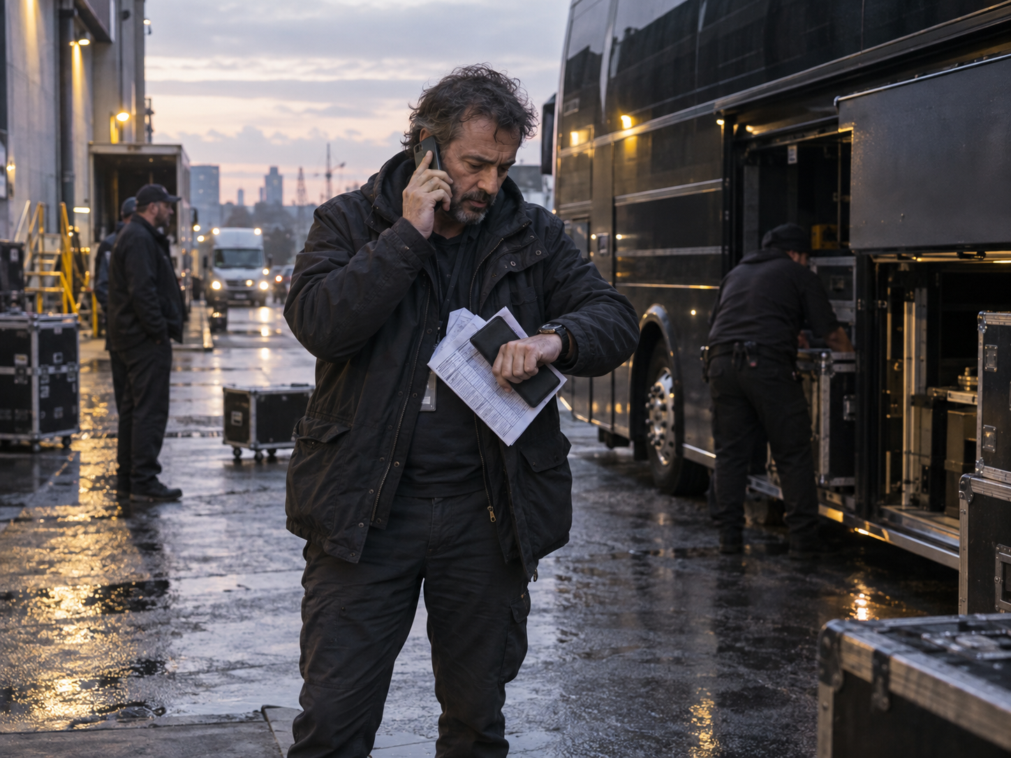 Un tour manager est au téléphone devant l'entrée d'une salle de concert avant l'ouverture des portes.