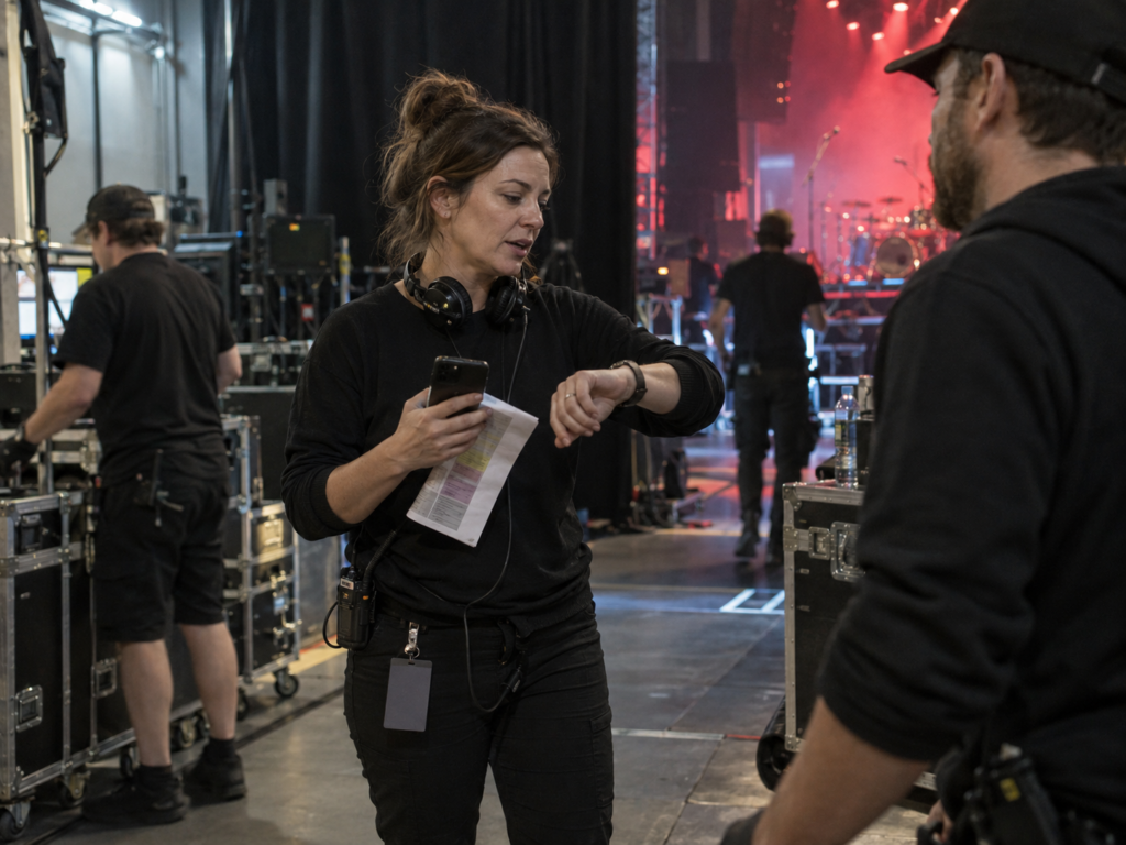 Une tour manager vérifie les horaires dans une salle de concert avant l'ouverture des portes.
