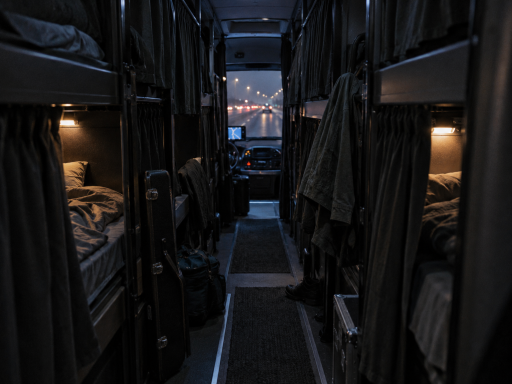 L'intérieur d'un tour bus durant la tournée d'un groupe.