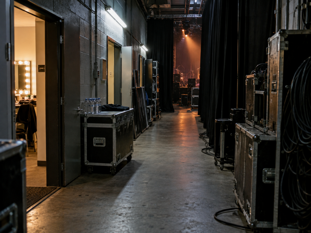 Les backstages d'une salle de concert avant le début d'un concert.