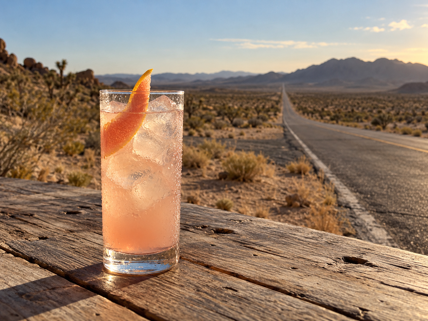 Cocktail au pamplemousse inspiré de The Joshua Tree de U2 devant une route désertique