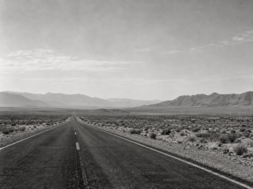 Route aride et arbre isolé évoquant les paysages de The Joshua Tree Titre : The Joshua Tree — route et horizon