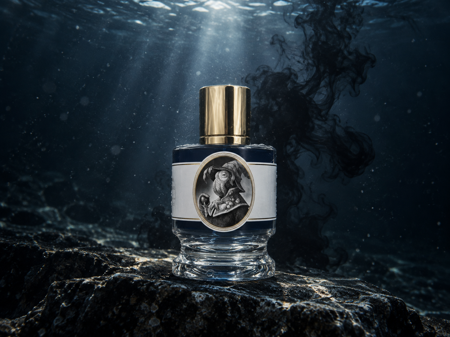 Un flacon du parfum Squid de la marque Zoologist placé sous l'eau, au fond de la mer, la nuit.