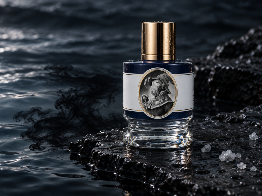 Un flacon du parfum Squid de la marque Zoologist placé sur une pierre sombre, près de l'eau de la mer sombre, la nuit.