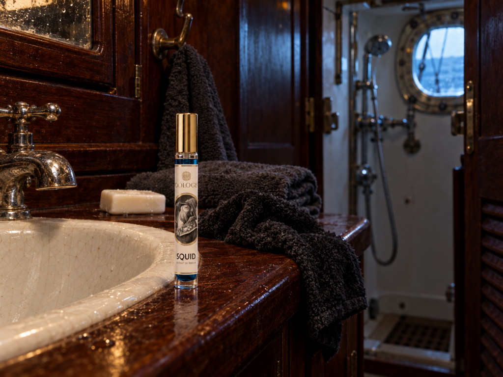 Un spray de voyage du parfum Squid est posé dans une salle d'un bateau à voile près d'un serviette et d'un savon.