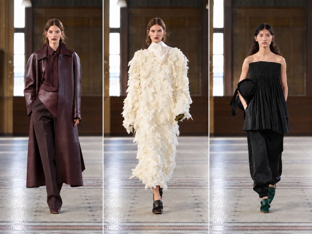 Trois mannequin Carven, Paris Fashion Week hiver 2026 en cuir bordeaux, maille blanche texturée et ensemble noir plissé.