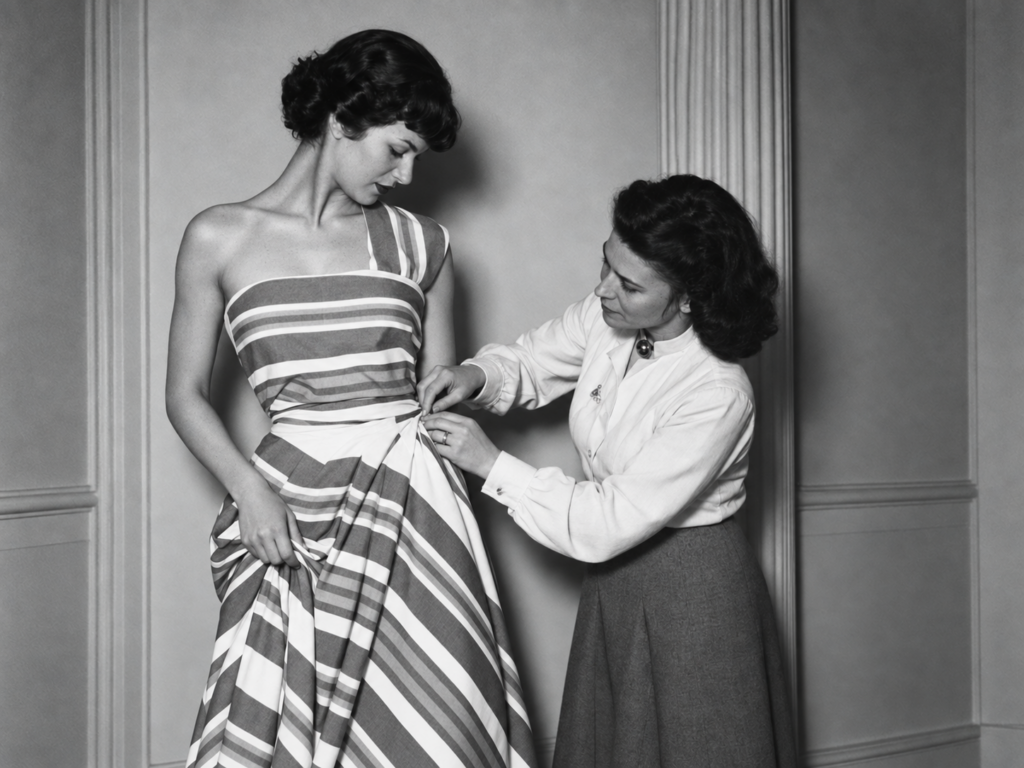 Madame Carven ajuste une robe rayée lors d’un essayage, dans une scène en noir et blanc inspirée des archives de Carven.