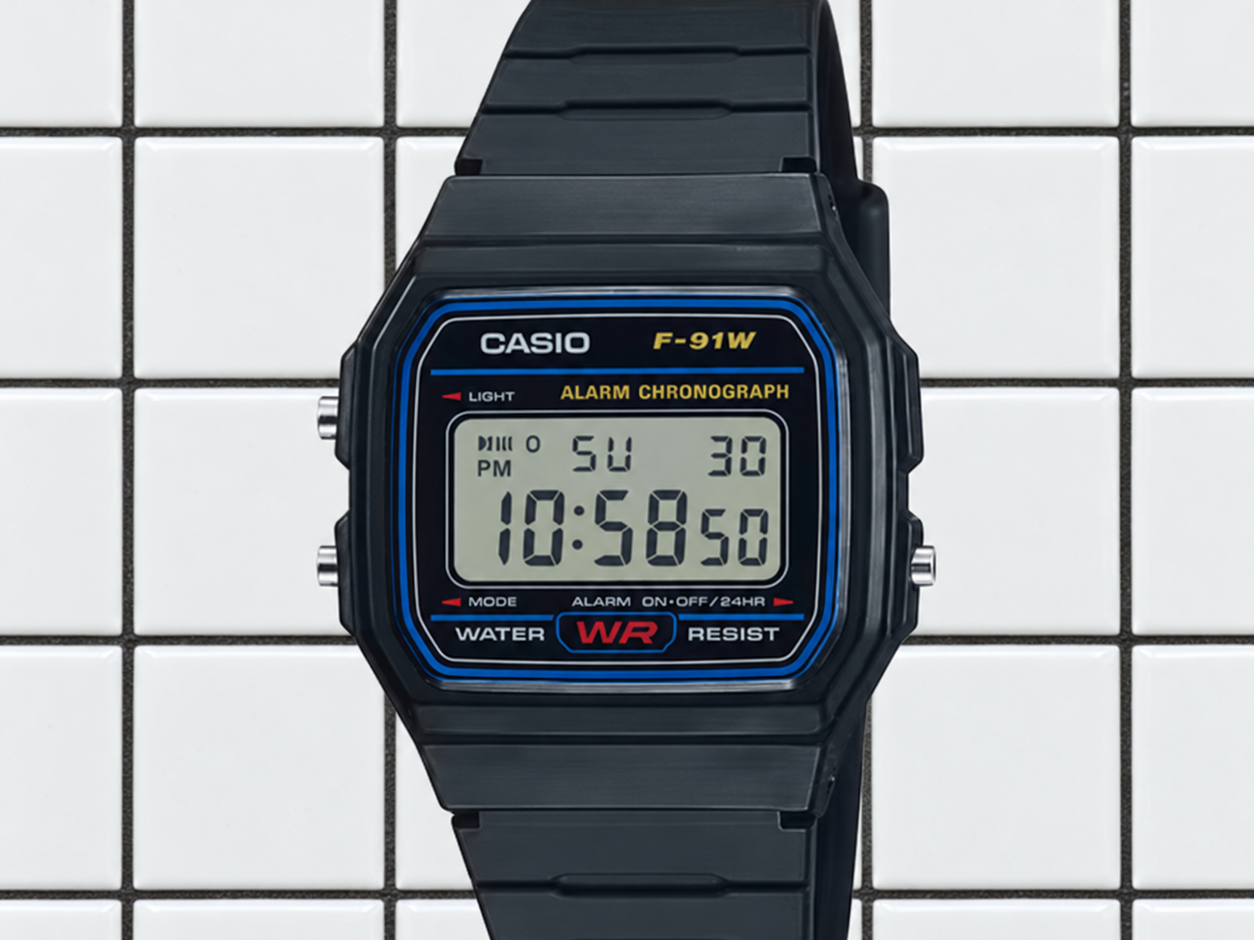 la montre F-91W de la marque Casio en version noire sur un fond de carrelage blanc.