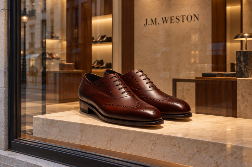 Paire de chaussures J.M. Weston en cuir brun perforé exposée dans une vitrine de boutique