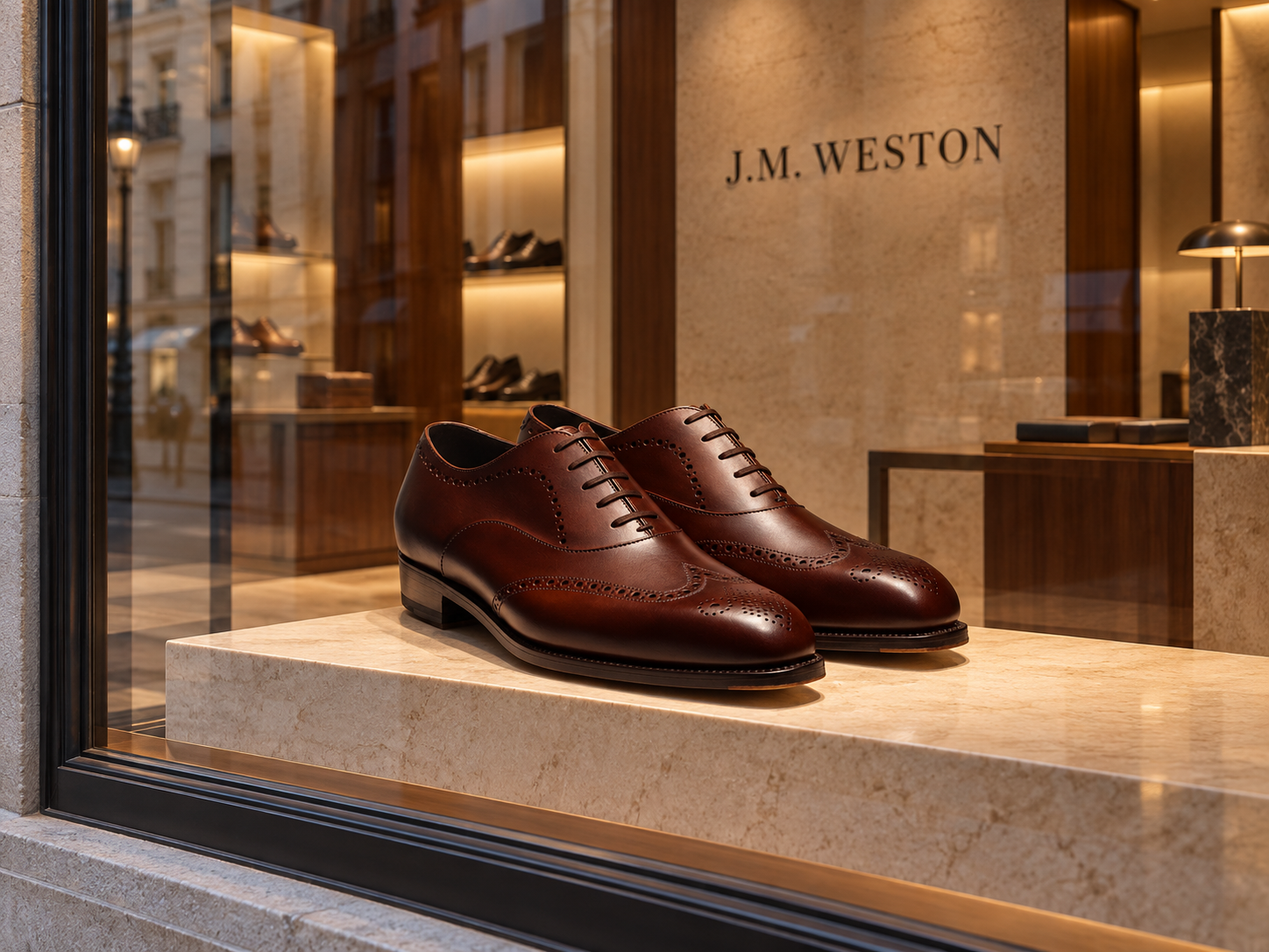Paire de chaussures J.M. Weston en cuir brun perforé exposée dans une vitrine de boutique