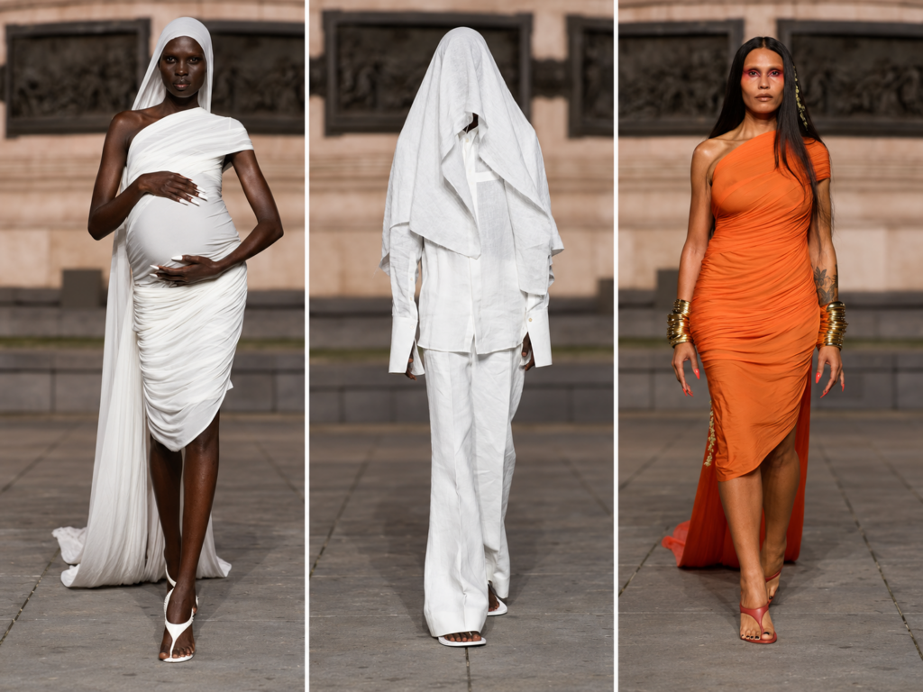 Trois silhouettes du défilé Matières Fécales printemps-été 2027 : deux looks blancs, dont un voilé, et une robe orange drapée.