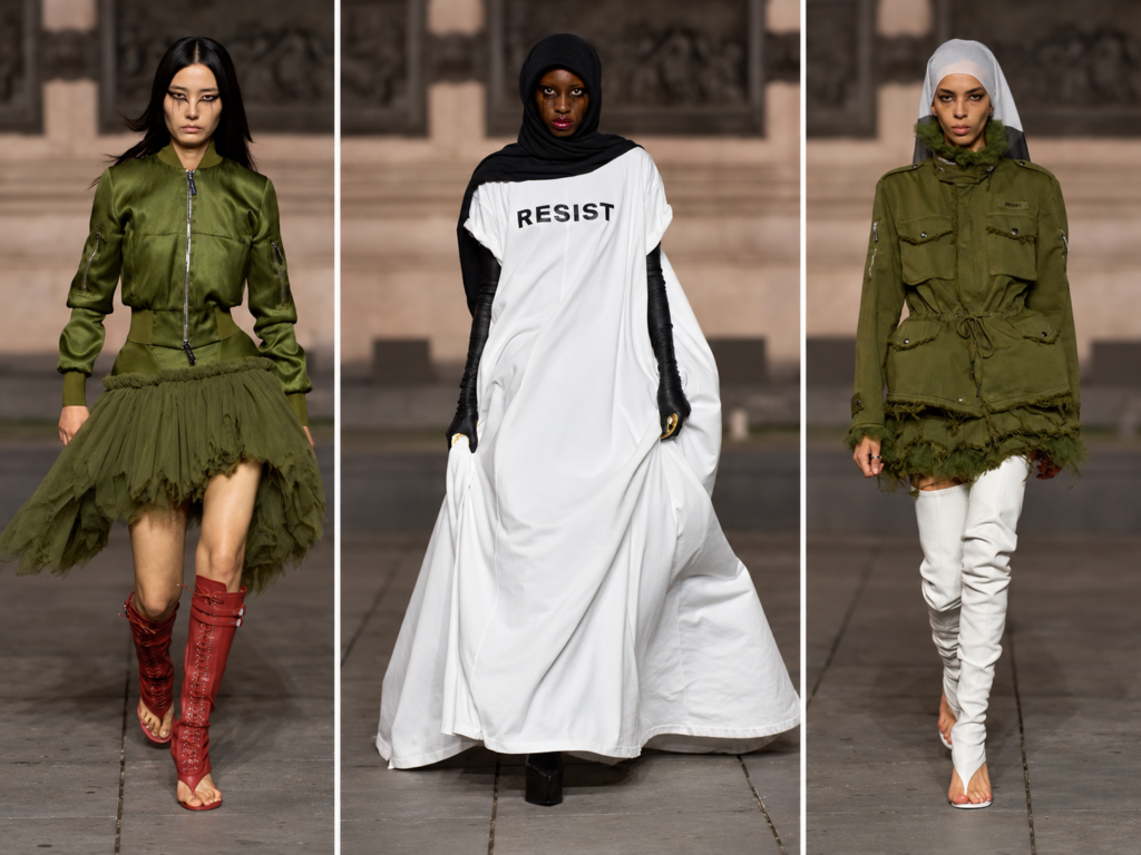 Trois looks du défilé Matières Fécales : deux tenues vert olive encadrent une robe blanche « RESIST » portée avec un voile noir.