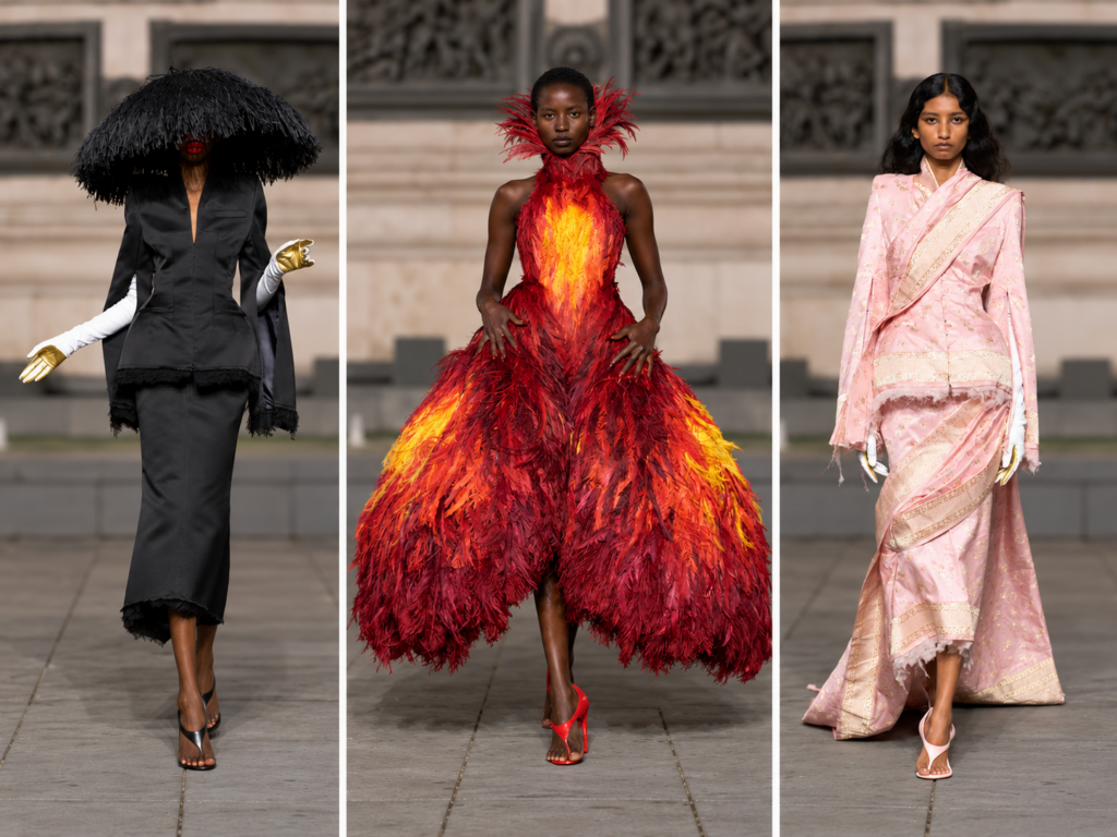Trois looks du défilé Matières Fécales : une silhouette noire à grand chapeau, une robe rouge à plumes au centre et une tenue rose drapée.