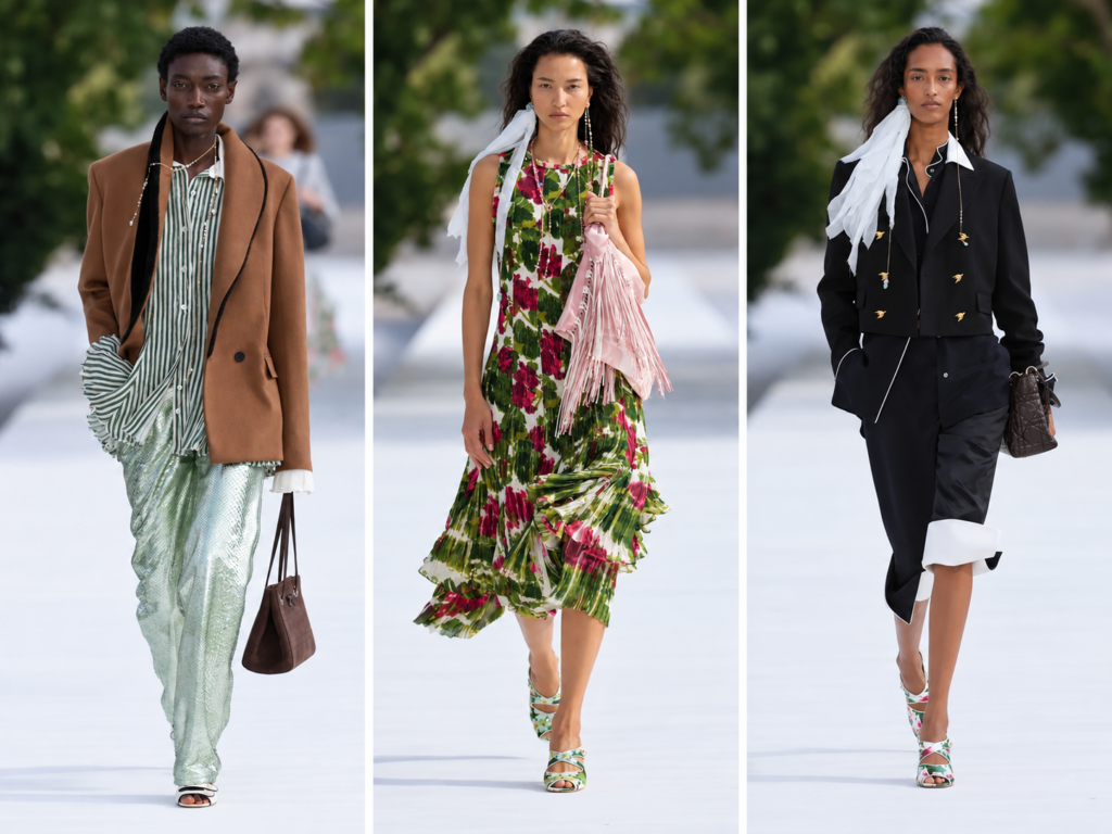 Trois silhouettes du défilé Dior printemps-été 2027 à la Paris Fashion Week, entre tailoring camel, robe fleurie et ensemble noir.