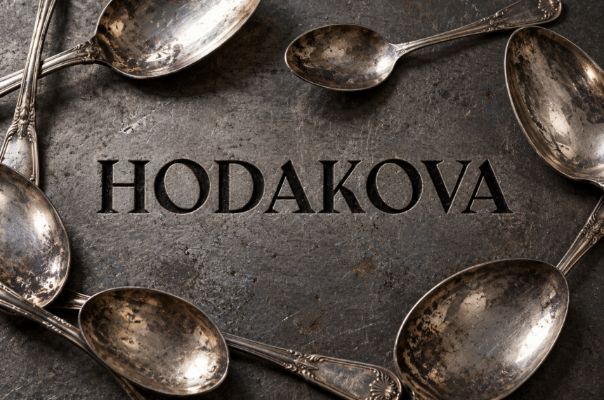 Logo HODAKOVA gravé en noir sur une plaque de fer, entouré de cuillères en argent