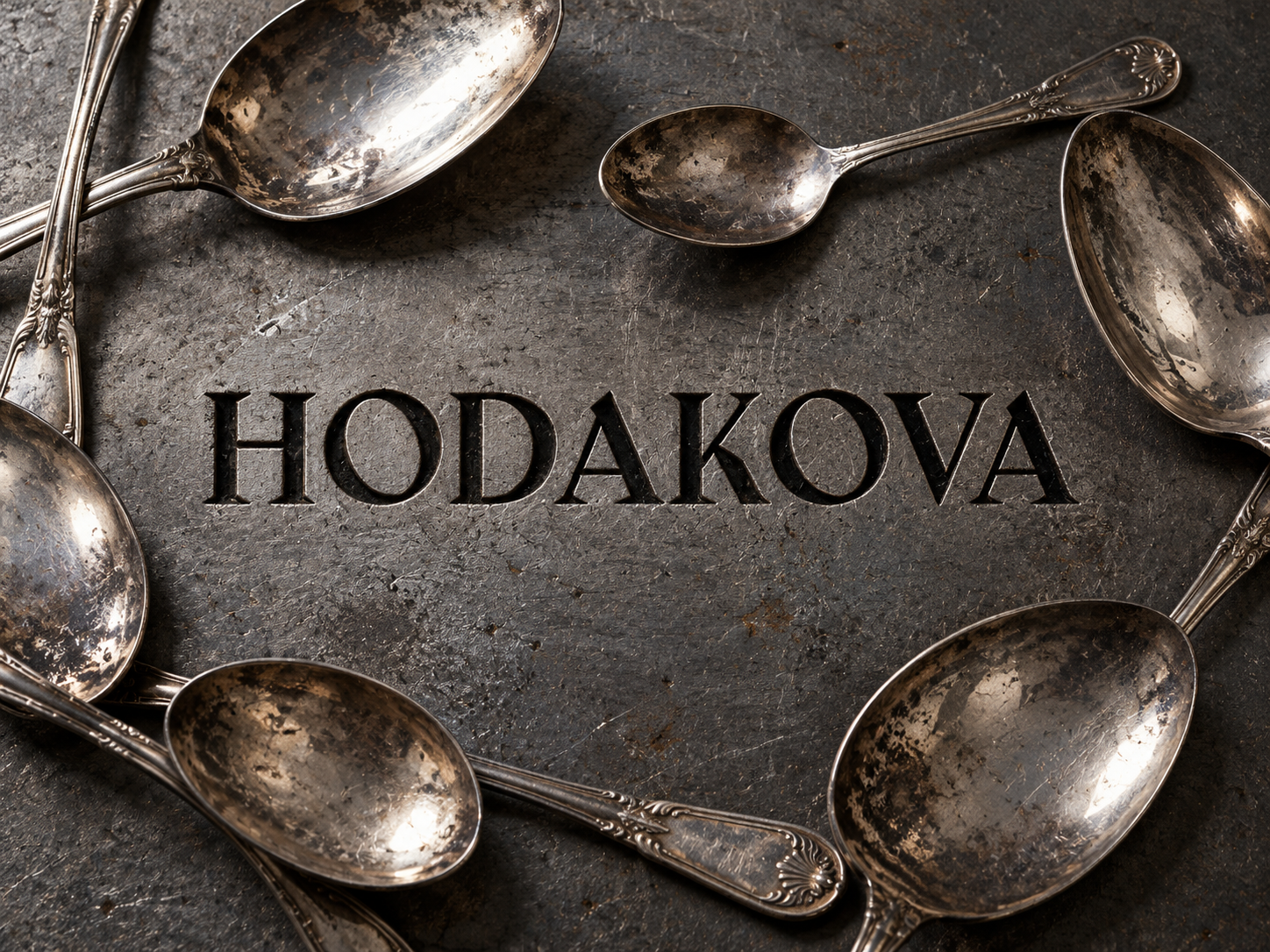 Logo HODAKOVA gravé en noir sur une plaque de fer, entouré de cuillères en argent