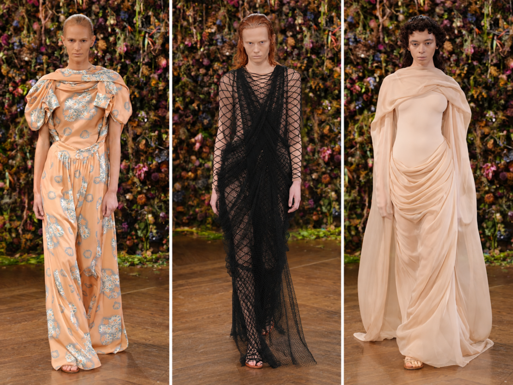 Trois silhouettes du défilé Maison Margiela printemps-été 2027, avec une robe noire en résille au centre, entourée de deux looks drapés.