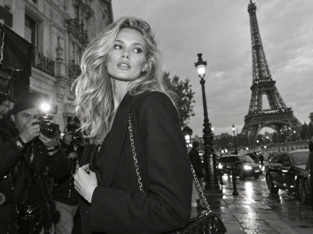 Mannequin blonde aux cheveux coiffés devant la tour Eiffel, photographiée en noir et blanc