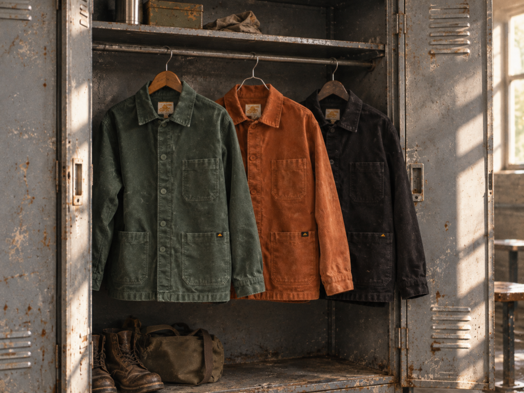 Trois vestes de travail vert, orange et noir suspendues sur des cintres dans un casier de vestiaire industriel.