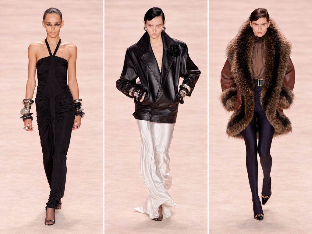 Trois silhouettes du défilé Saint Laurent automne-hiver 2022, séparées par des traits blancs sur un fond clair.