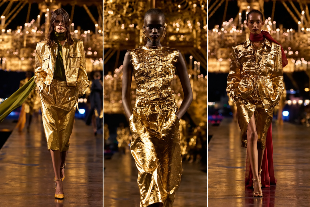 Trois silhouettes dorées du défilé Saint Laurent printemps-été 2027 à la Paris Fashion Week.