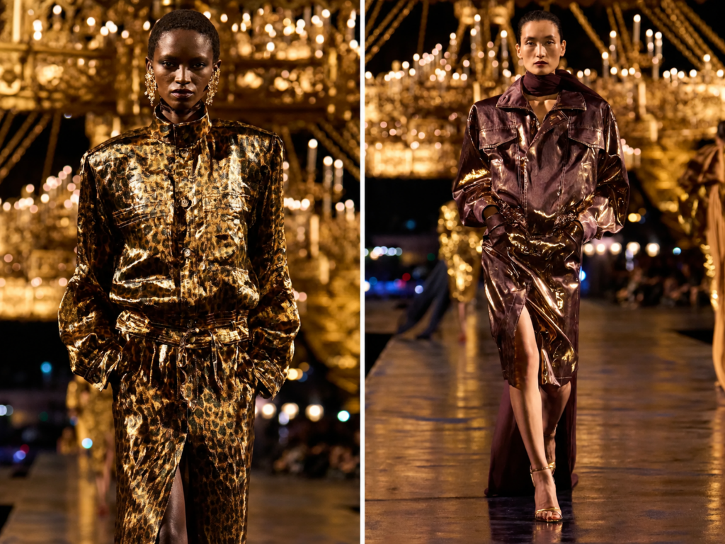 Deux looks métallisés du défilé Saint Laurent printemps-été 2027 à la Paris Fashion Week.
