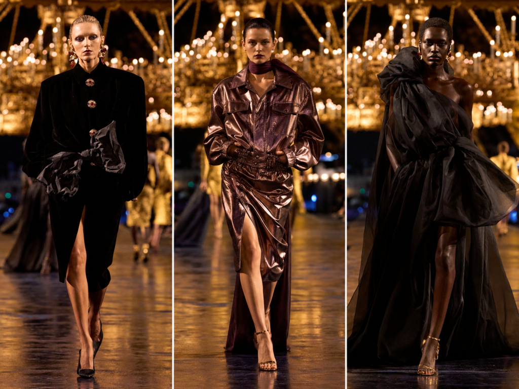 Trois silhouettes noires et métalliques du défilé Saint Laurent printemps-été 2027 à la Paris Fashion Week.