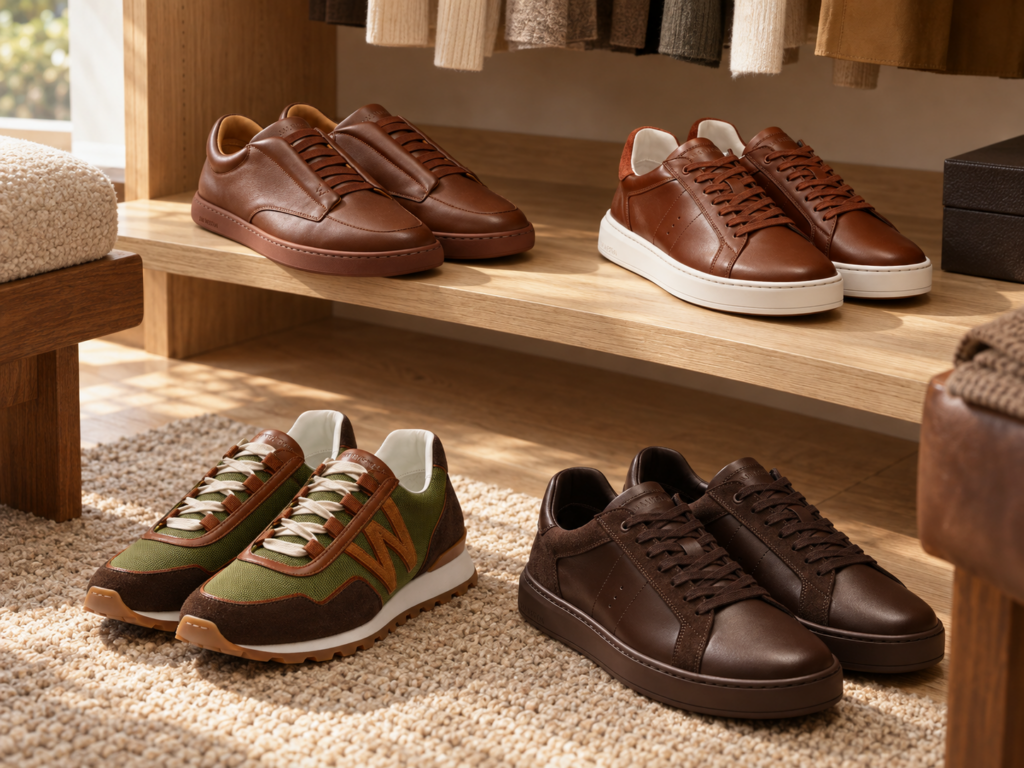 Quatre paires de sneakers J.M. Weston en cuir brun et toile verte dans un dressing contemporain