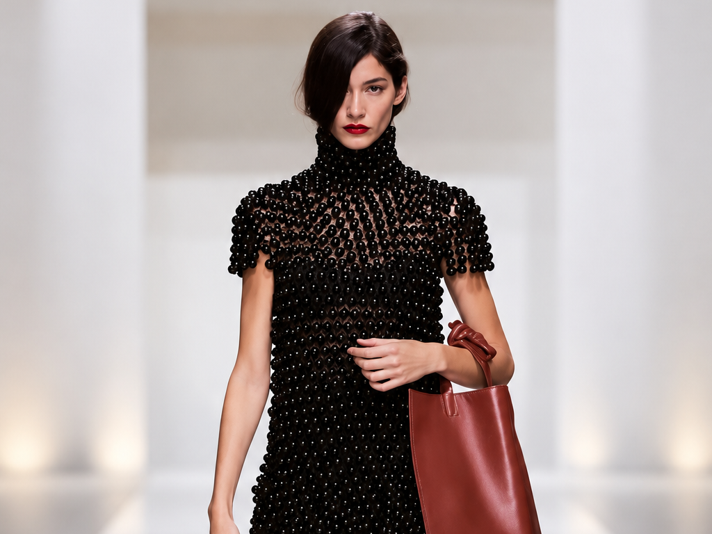 Mannequin du défilé Celine à Paris en robe noire texturée, collants noirs et grand sac bordeaux.