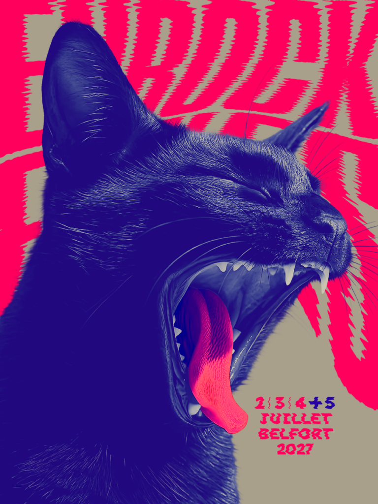 Affiche des Eurockéennes de Belfort 2027 avec un chat noir sur fond rose