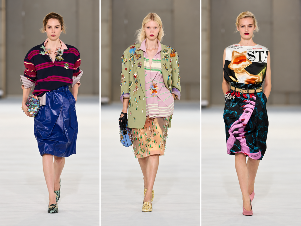 Trois silhouettes du défilé Dries Van Noten printemps-été 2027 à la Paris Fashion Week, avec jupe bleue, blazer brodé et imprimés graphiques.