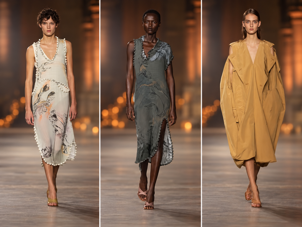Triptyque du défilé Victoria Beckham printemps-été 2027 à la Paris Fashion Week, avec trois silhouettes féminines sur le podium.