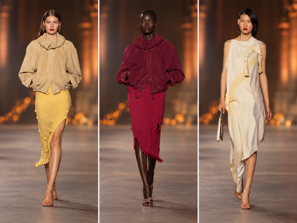 Triptyque du défilé Victoria Beckham printemps-été 2027 à la Paris Fashion Week avec trois silhouettes beige, bordeaux et crème.