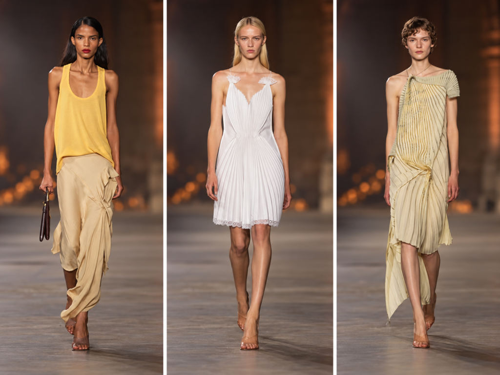 Triptyque du défilé Victoria Beckham printemps-été 2027 à la Paris Fashion Week avec trois silhouettes jaunes, blanches et beige clair.