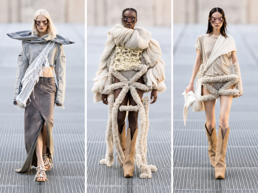 Triptyque du défilé Rick Owens printemps-été 2027 à la Paris Fashion Week, avec trois silhouettes gris, ivoire et beige sur le podium.