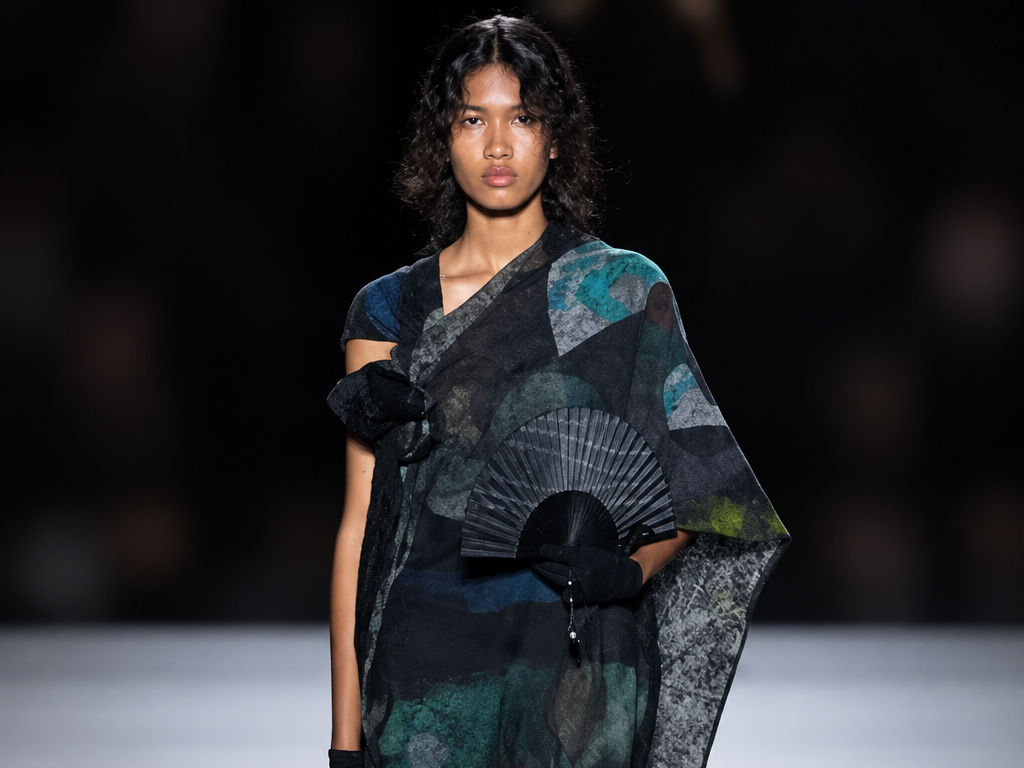 Silhouette du défilé Yohji Yamamoto printemps-été 2027 à Paris, avec une robe sombre aux motifs bleu-vert et de longues franges noires.