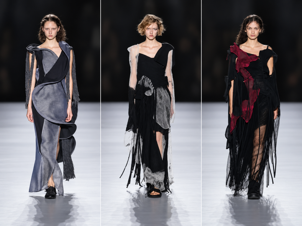 Triptyque du défilé Yohji Yamamoto printemps-été 2027 à la Paris Fashion Week, avec trois silhouettes féminines noires, grises et bordeaux.