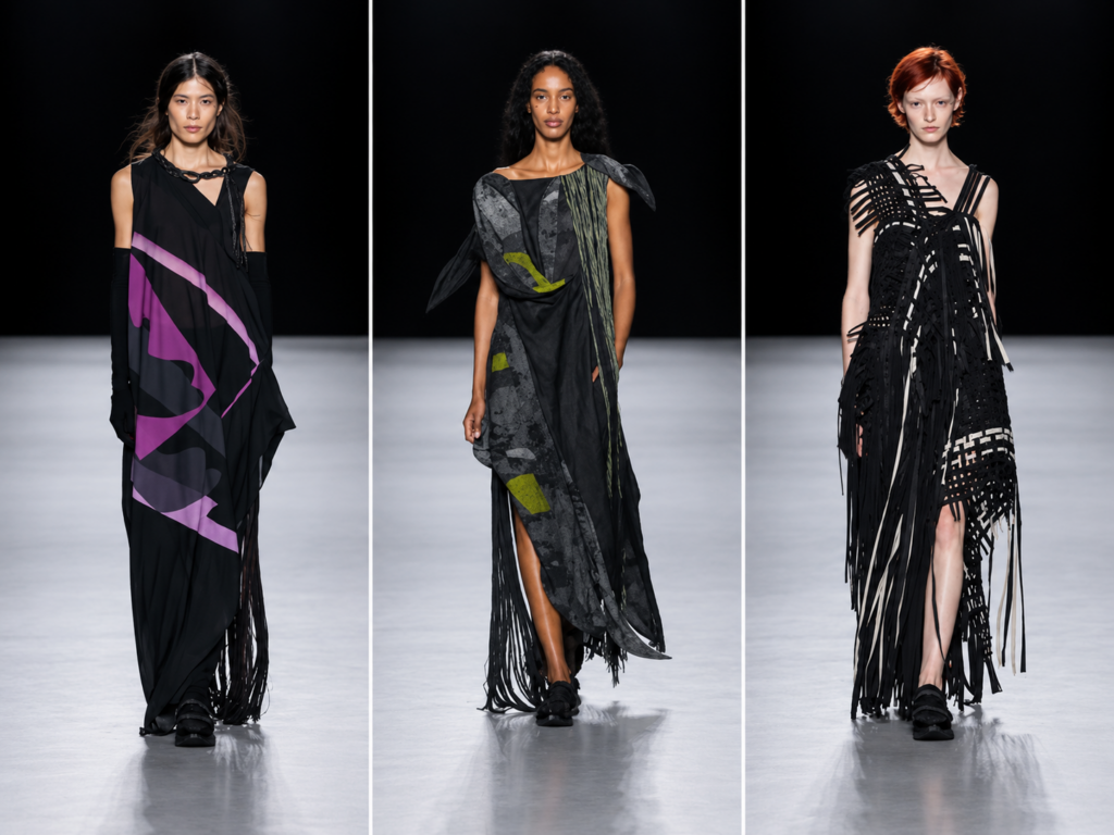 Triptyque du défilé Yohji Yamamoto printemps-été 2027 à Paris, avec trois silhouettes noires aux détails violets, verts et graphiques.