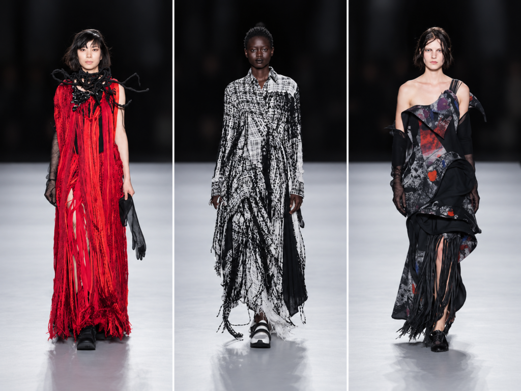 Triptyque du défilé Yohji Yamamoto printemps-été 2027 à Paris, avec une robe rouge, une silhouette noir et blanc et une robe asymétrique sombre.