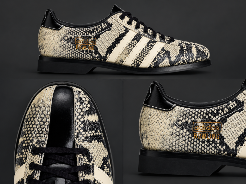 Chaussure adidas Bowling x Brain Dead à imprimé python noir et crème, présentée de profil avec deux gros plans sur les lacets et le logo adidas Bowling.