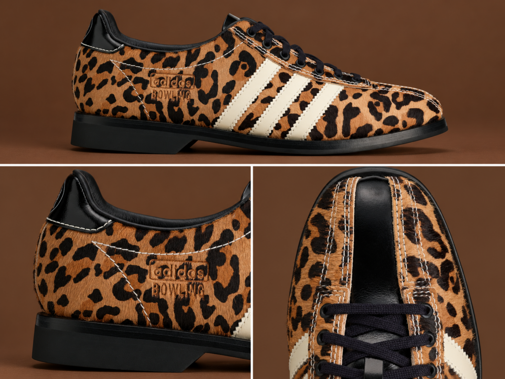 Chaussure adidas Bowling x Brain Dead à imprimé léopard marron et noir, présentée de profil avec deux gros plans sur le talon et les lacets.