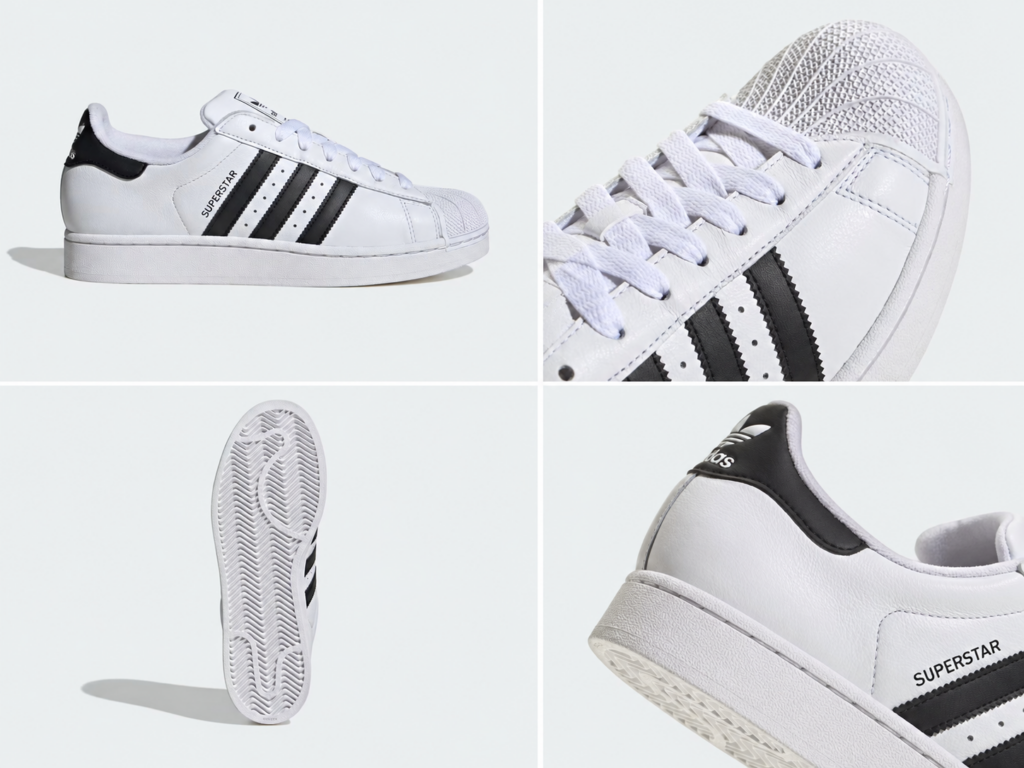 Quatre vues de la chaussure Adidas Superstar blanche et noire montrant son profil, son embout en caoutchouc, sa semelle et son talon.