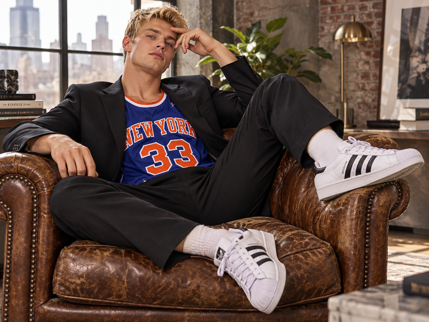 Jeune homme blond portant des Adidas Superstar blanches et noires, un costume noir et un maillot de basket New York 33, assis dans un fauteuil en cuir vintage.