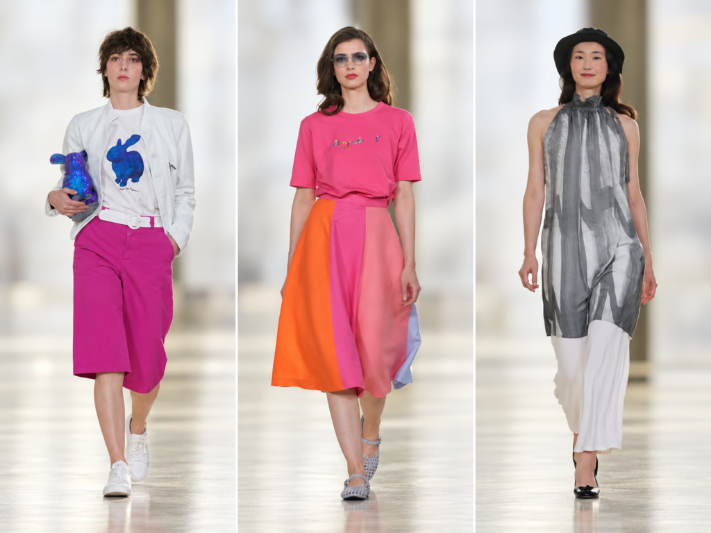 Trois silhouettes du défilé agnès b. printemps-été 2027 : bermuda rose fuchsia et lapin bleu, jupe orange et rose, robe fluide gris et blanc.