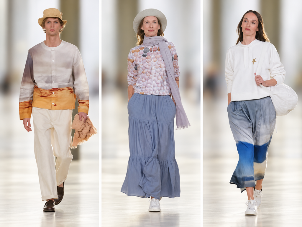 Trois silhouettes du défilé agnès b. printemps-été 2027 : ensemble beige et orange, jupe longue bleu-gris avec foulard et pantalon dégradé bleu porté avec un sweat blanc.